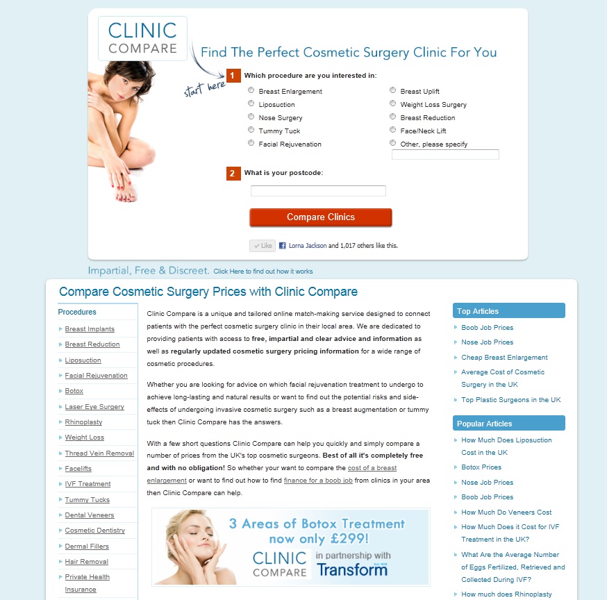 Clinic Compare Website With Transform Botox Advert